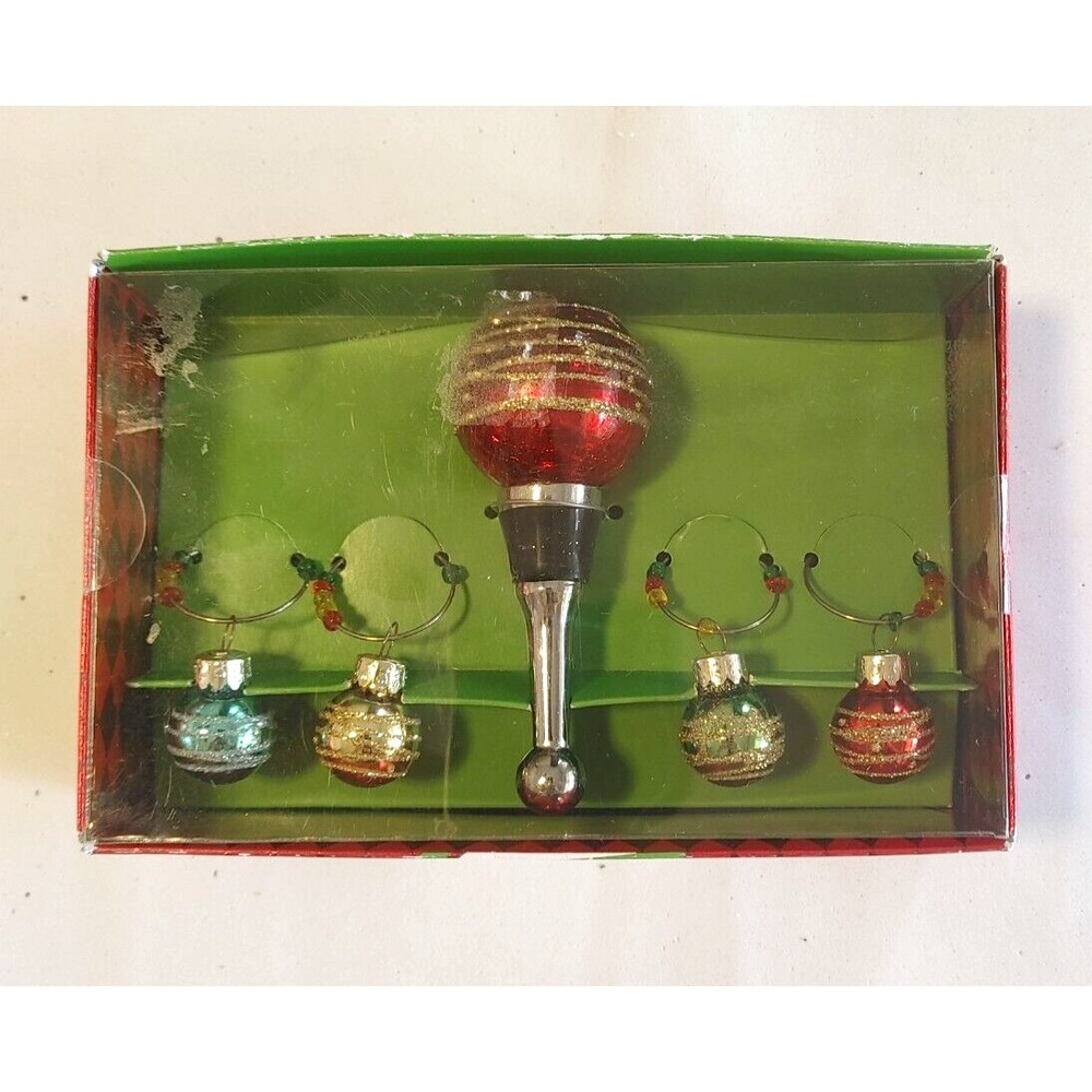 Pier 1 Drink Christmas Ball Ornament Shaped Charms & Bottle Stopper Set